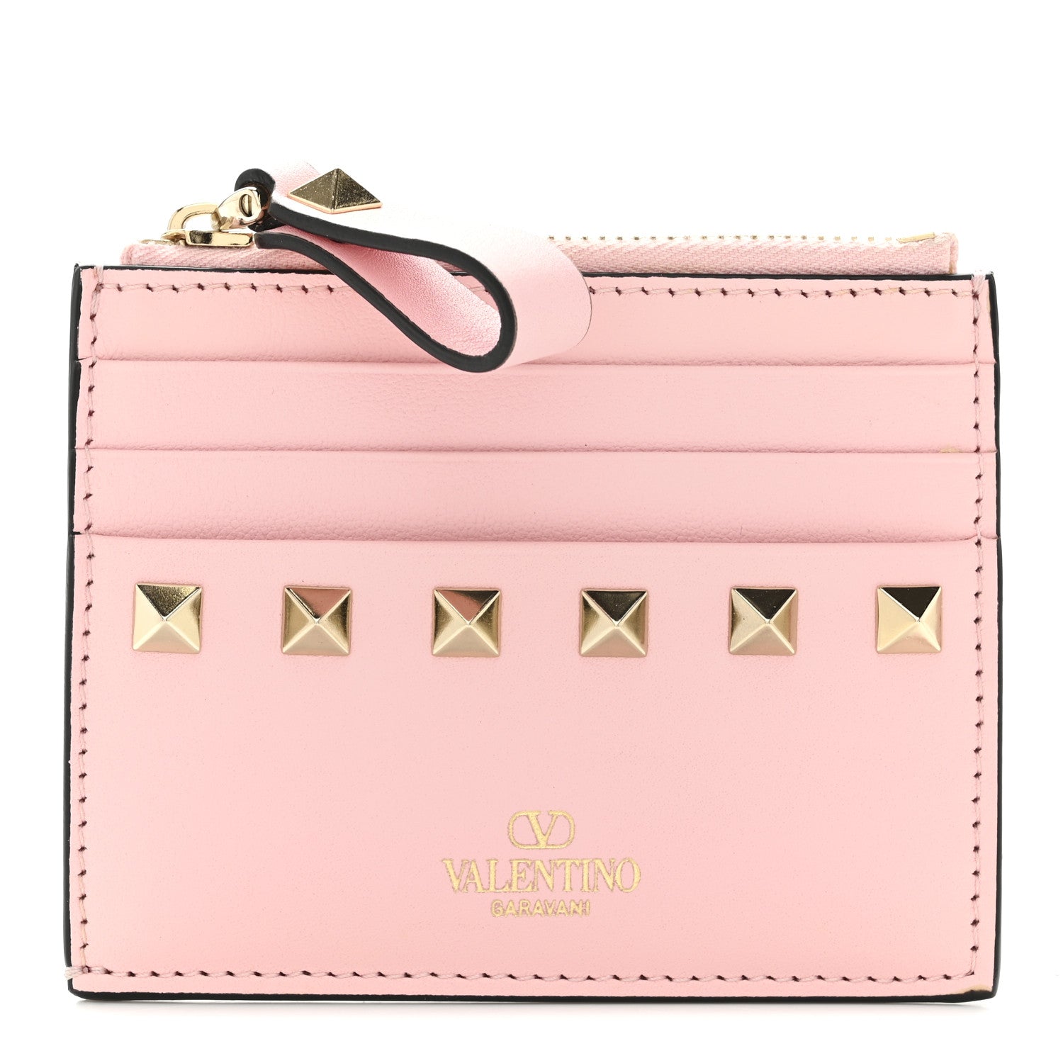 Valentino Garavani Vitello Rockstud Card Holder With Zipper Light Pink 1 of 6
