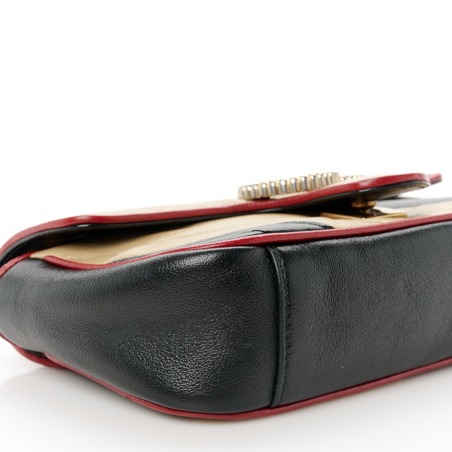 Vintage Effect Calfskin Matelasse Diagonal Striped Mini Torchon GG Marmont Shoulder Bag Black Beige