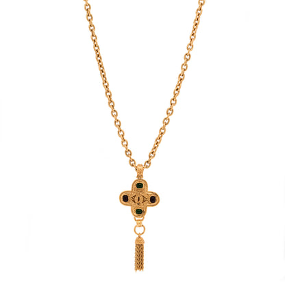 Chanel Gripoix Poured Glass Cross CC Tassel Chain Necklace Gold 1 of 6