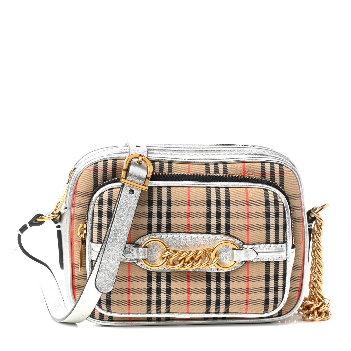 Smooth Calfskin 1983 Knight Check Link Camera Bag Silver