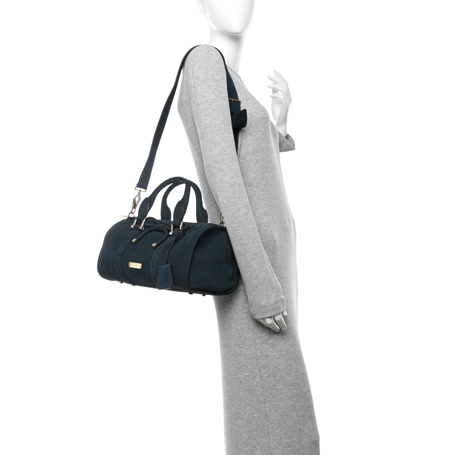 Burberry Suede Luggage Medium Bowling Barrel Bag Indigo Green 2 of 13