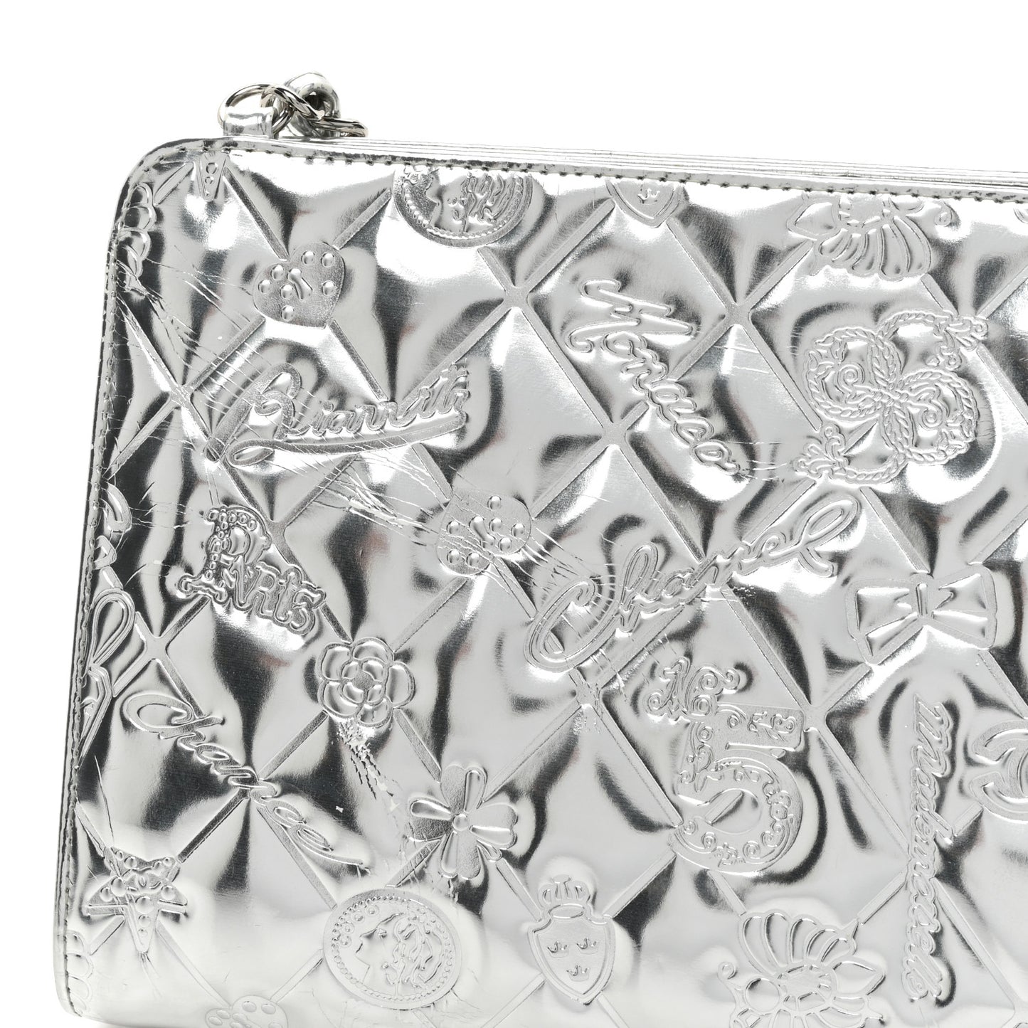 Metallic Patent Calfskin Lucky Symbols Pochette Silver