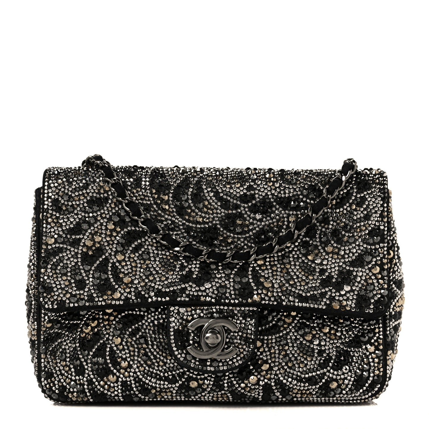 Suede Crystal Camellia Mini Rectangular Flap Black