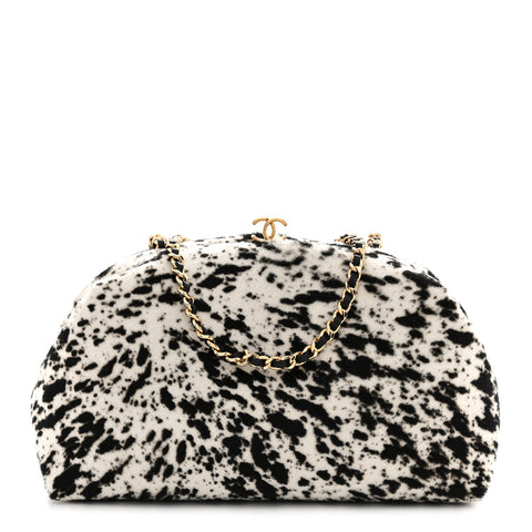 Pony Hair Printed Clutch With Chain Black White