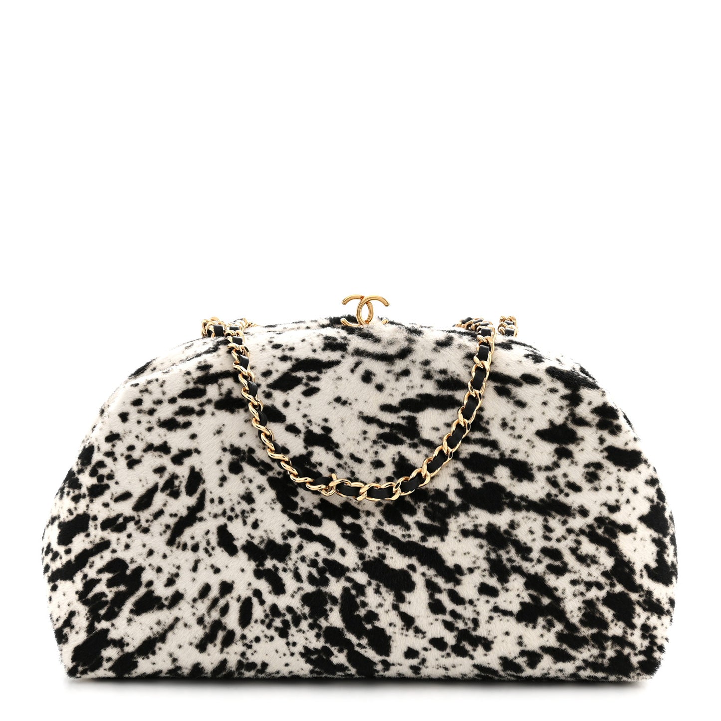 Pony Hair Printed Clutch With Chain Black White