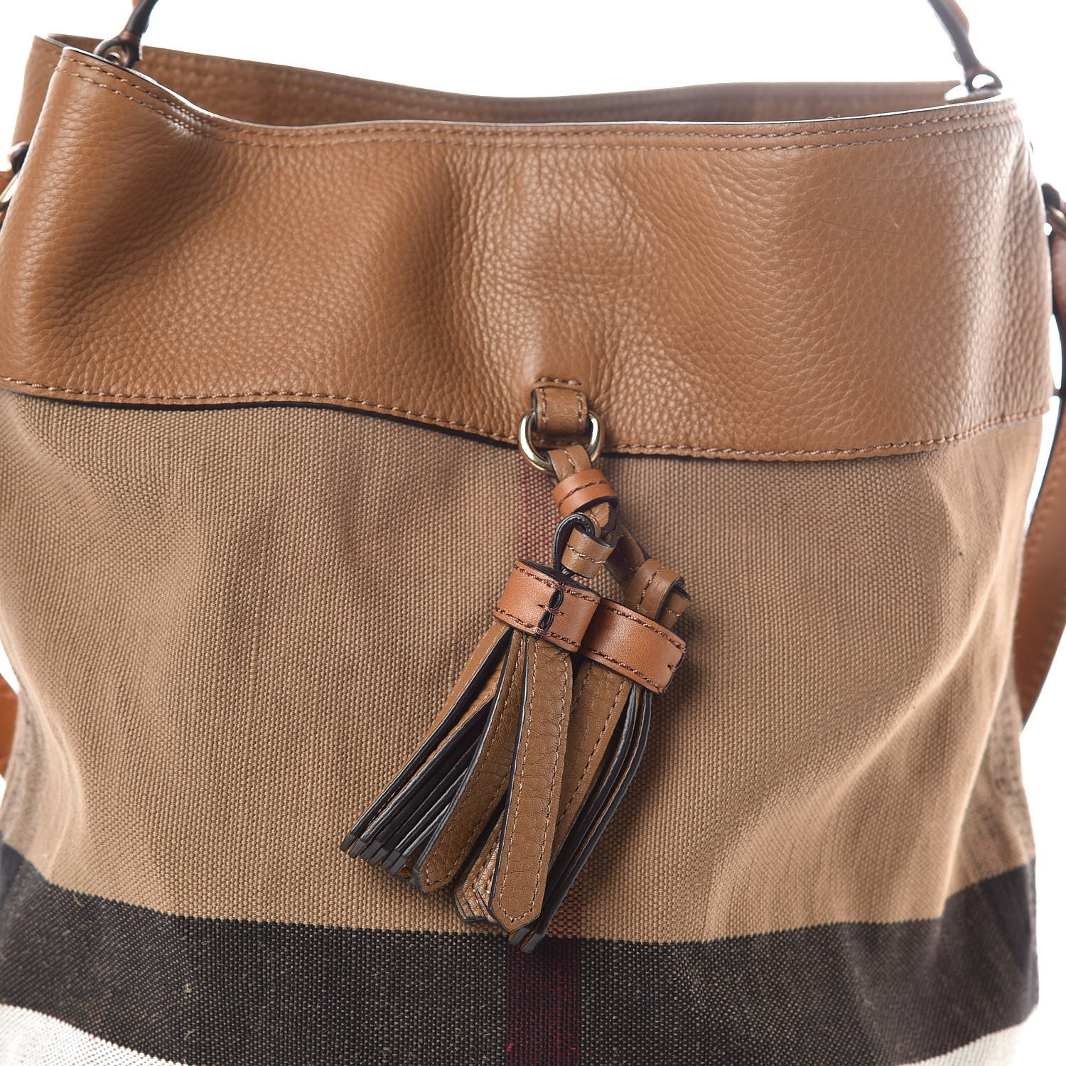 Burberry Grainy Calfskin Canvas Mega Check Medium Ashby Tassel Hobo Saddle Brown 6 of 12