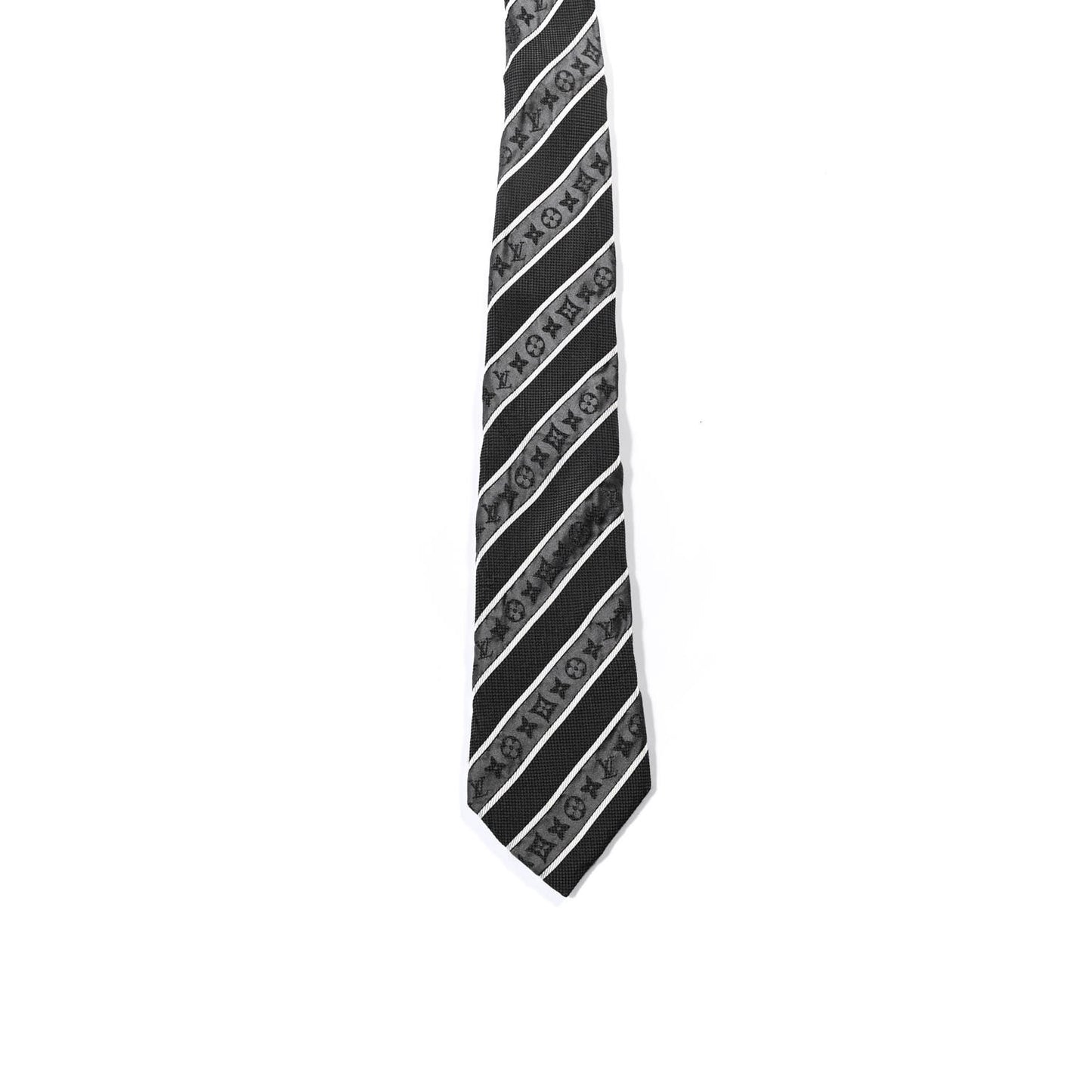 Silk Jacquard Monogram Mens Striped Neck Tie Grey Black