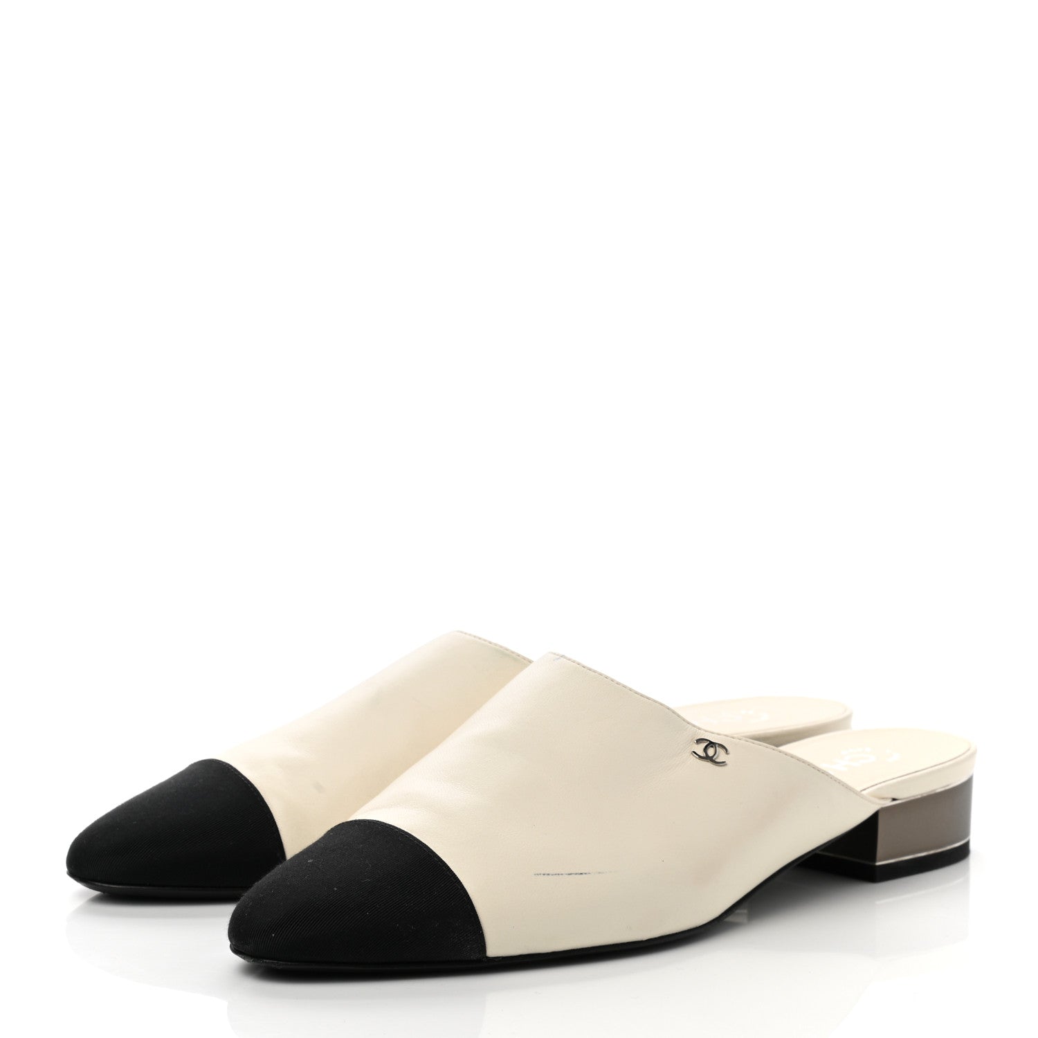 Chanel Lambskin Grosgrain Cap Toe CC Mules 39.5 White Black 3 of 13