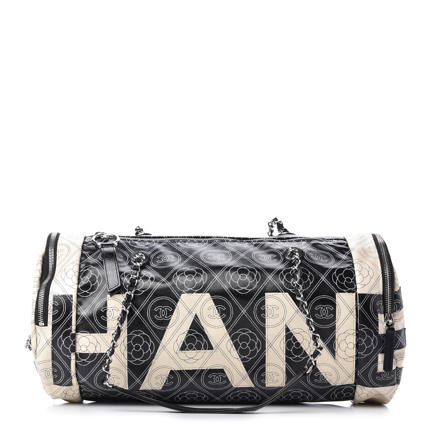 Chanel Coated Canvas Camellia Printed Calfskin Bowling Bag Black Beige 1 of 11