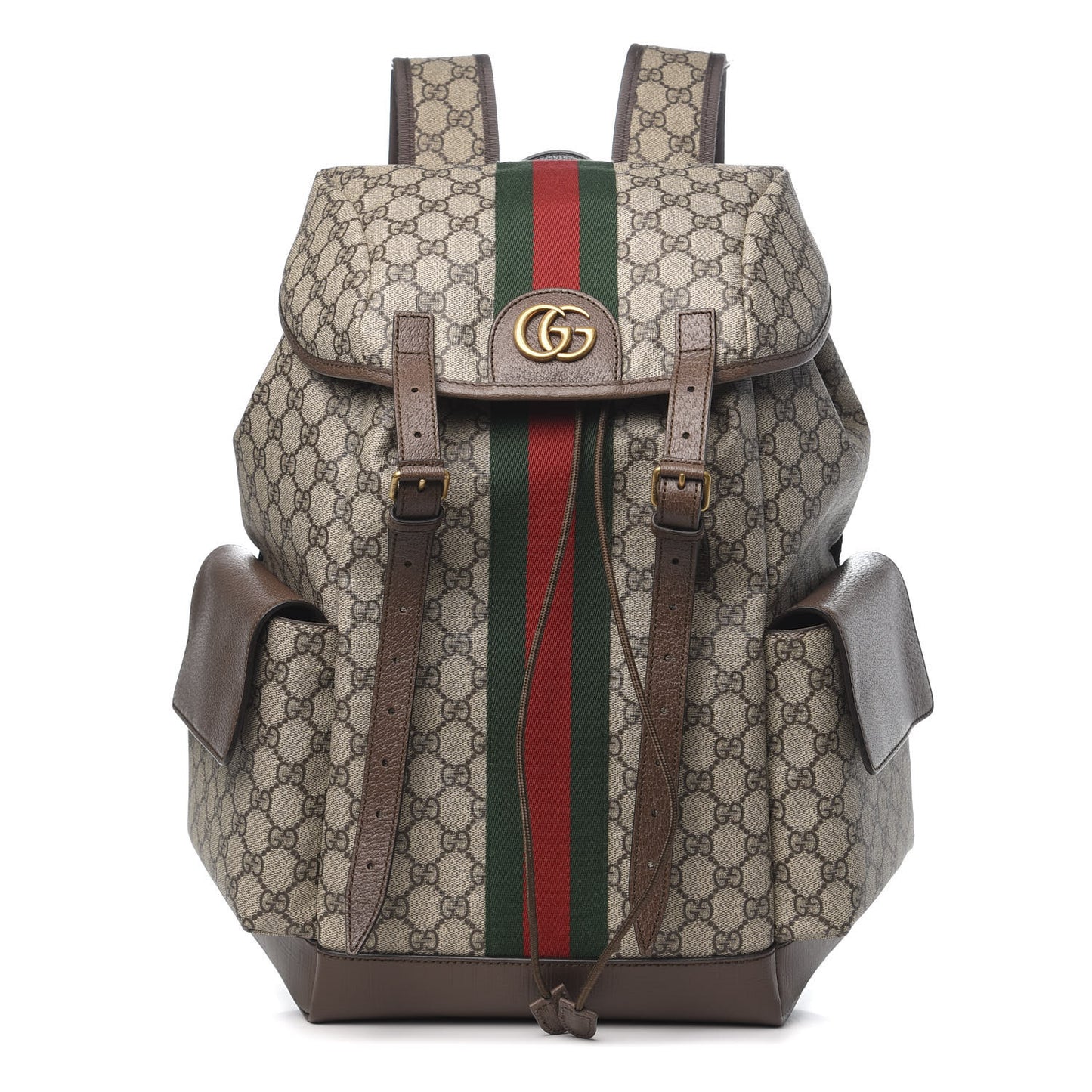 GG Supreme Monogram Medium Ophidia Double Buckle Backpack Brown