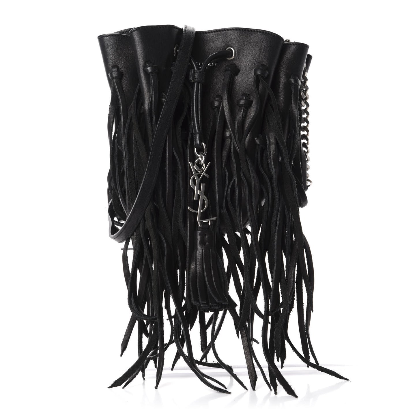 Calfskin Fringe Monogram Mini Bourse Bucket Bag Black