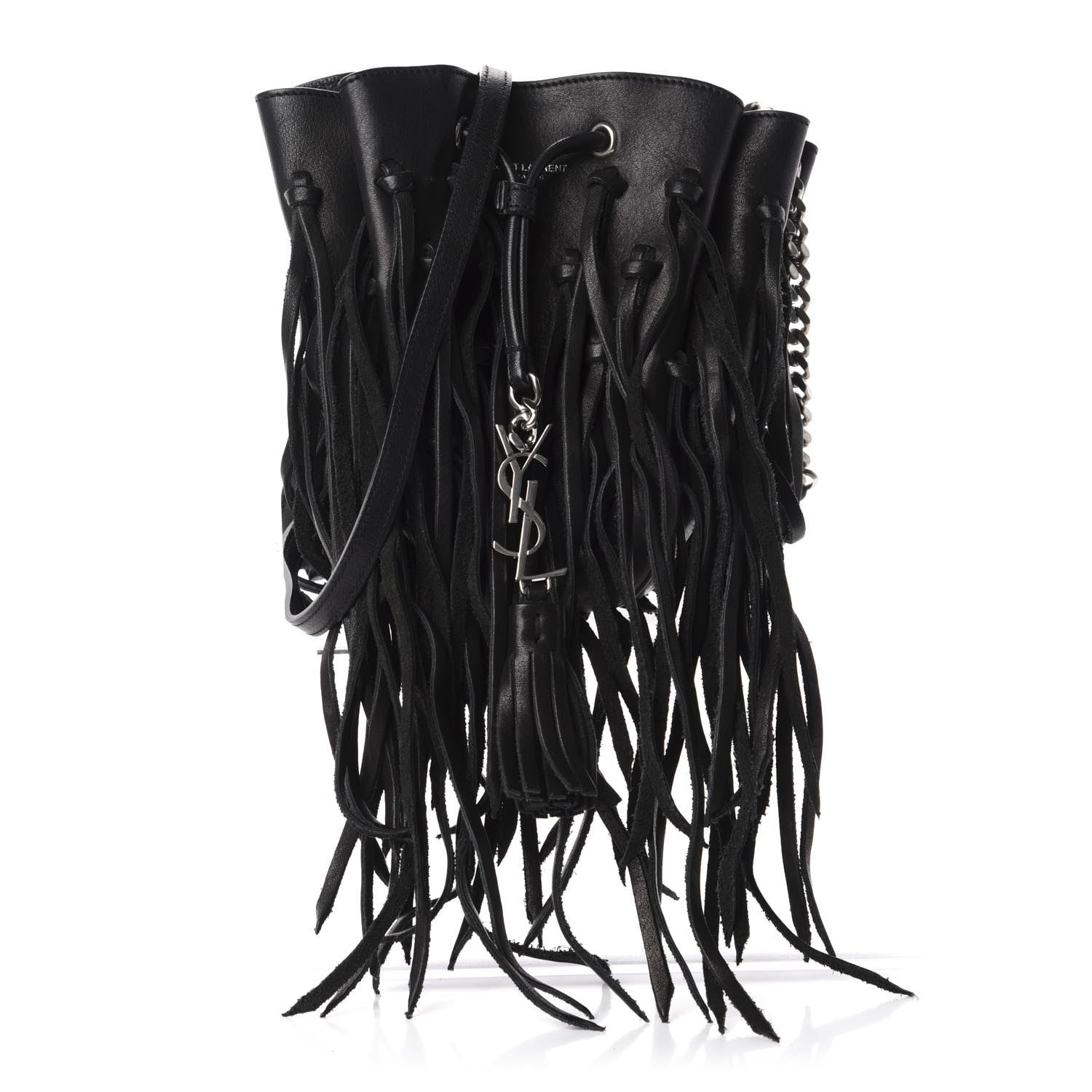 Saint Laurent Calfskin Fringe Monogram Mini Bourse Bucket Bag Black 1 of 8