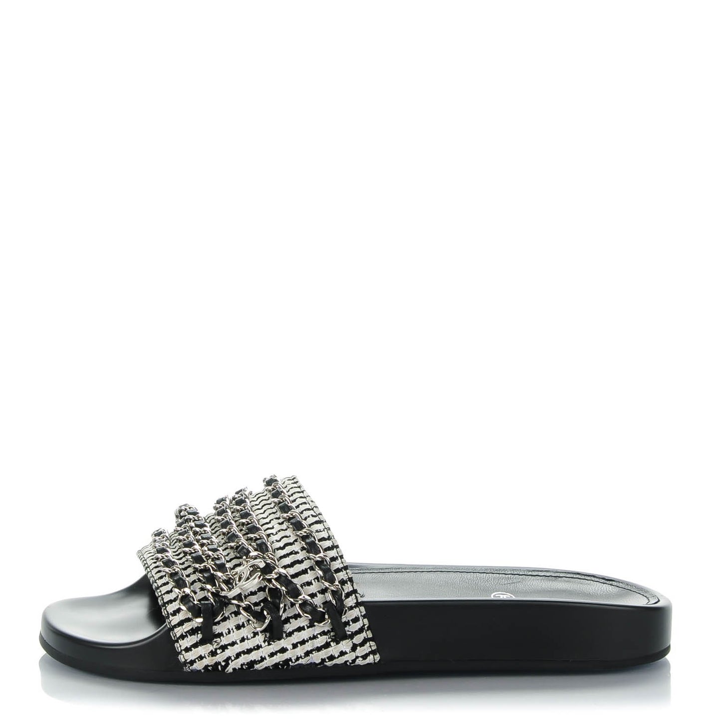 Tweed Lambskin Chain Flat Sandals 38 Black White