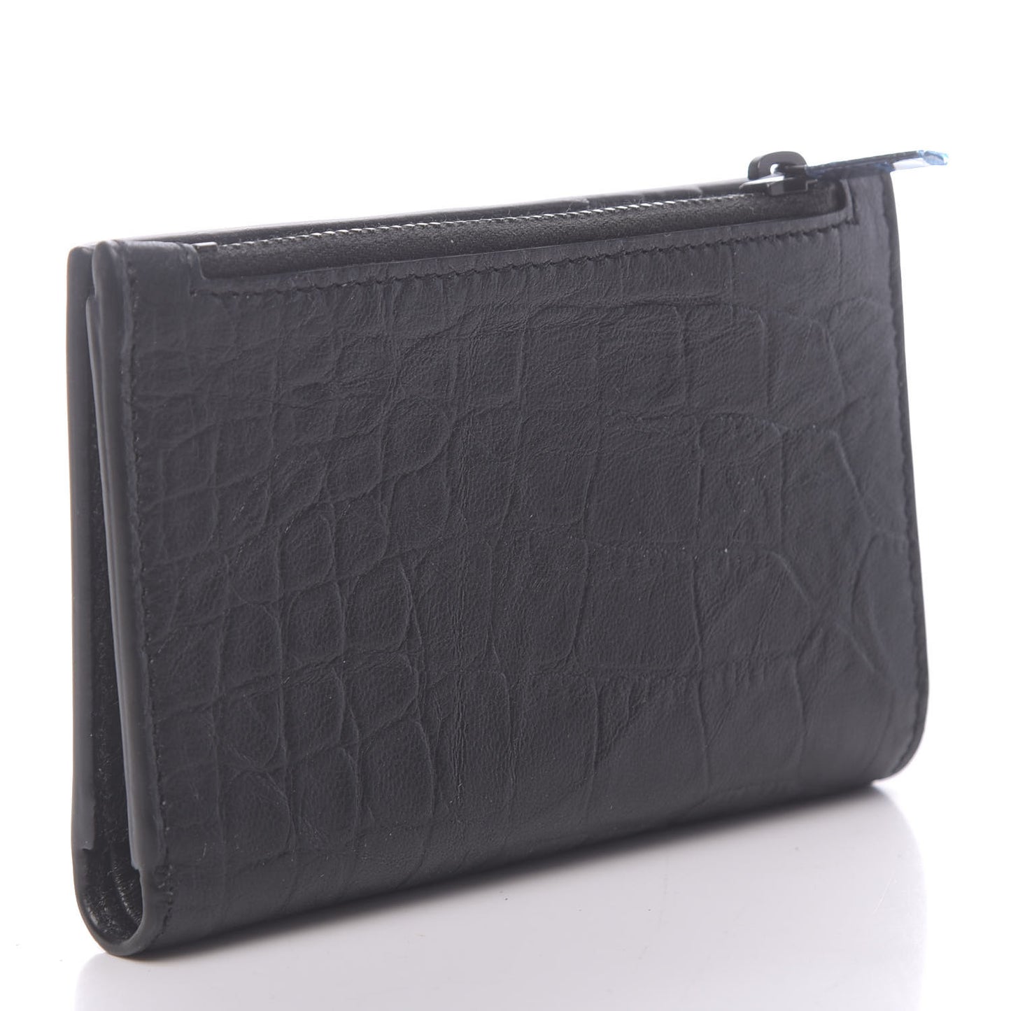 Calfskin Crocodile Embossed Monogram Bi-Fold Zipped Wallet Black