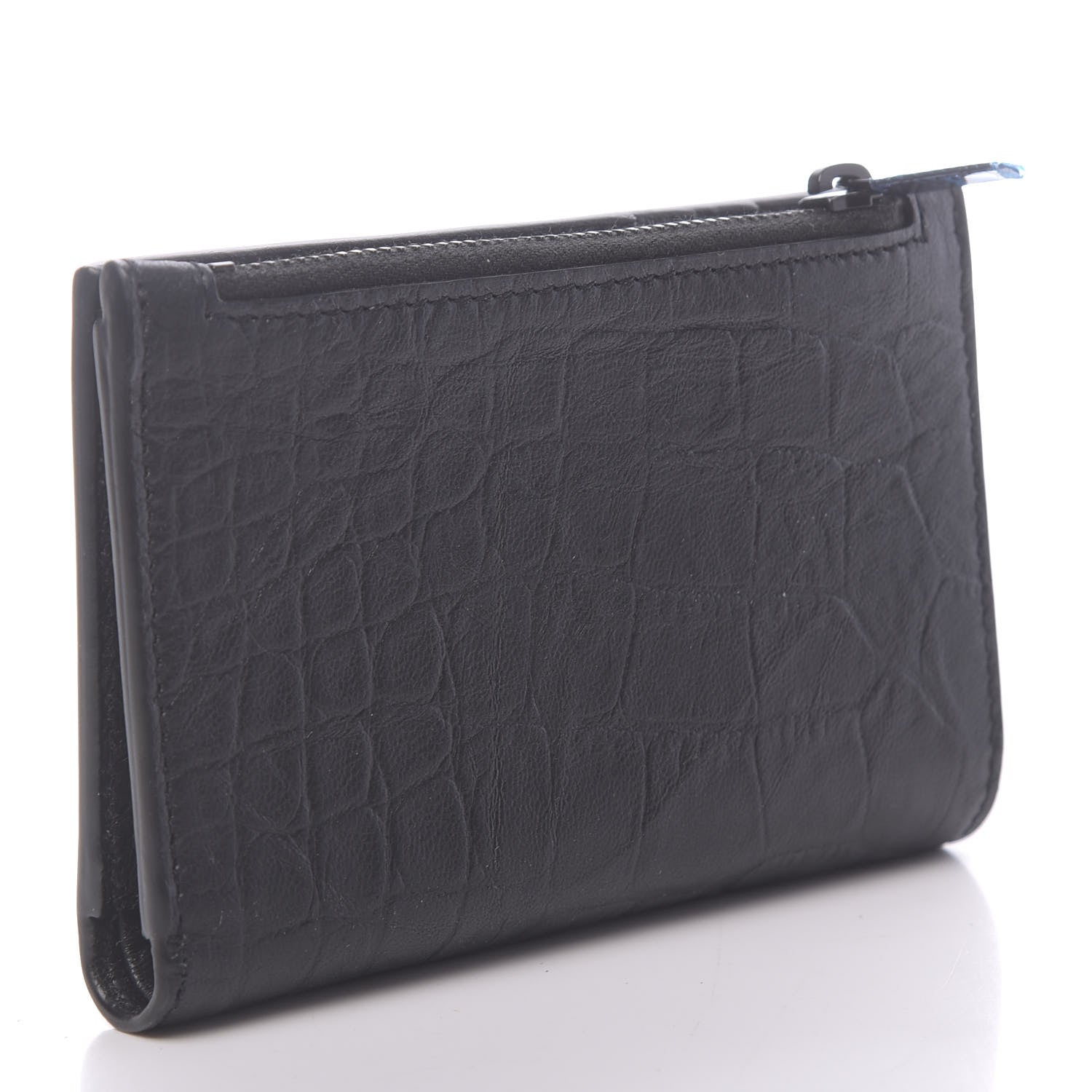 Saint Laurent Calfskin Crocodile Embossed Monogram Bi-Fold Zipped Wallet Black 3 of 8