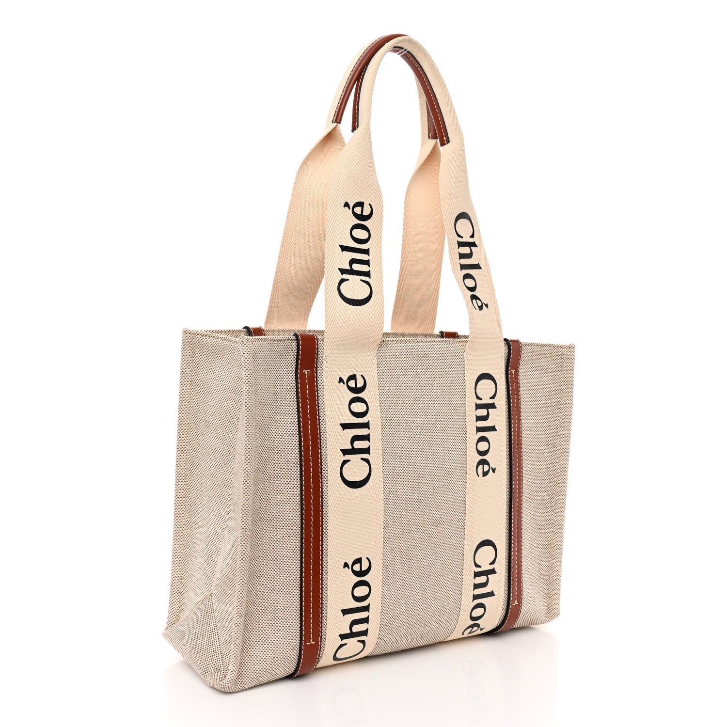 Chloe Cotton Calfskin Medium Woody Ribbon Tote White Brown 3 of 9