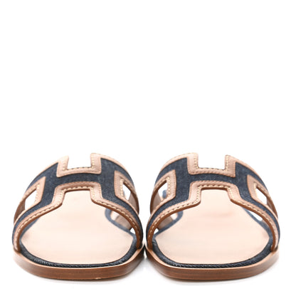 Hermes Calfskin Denim Oran Sandals 36.5 Bleu Brut Gold 2 of 9