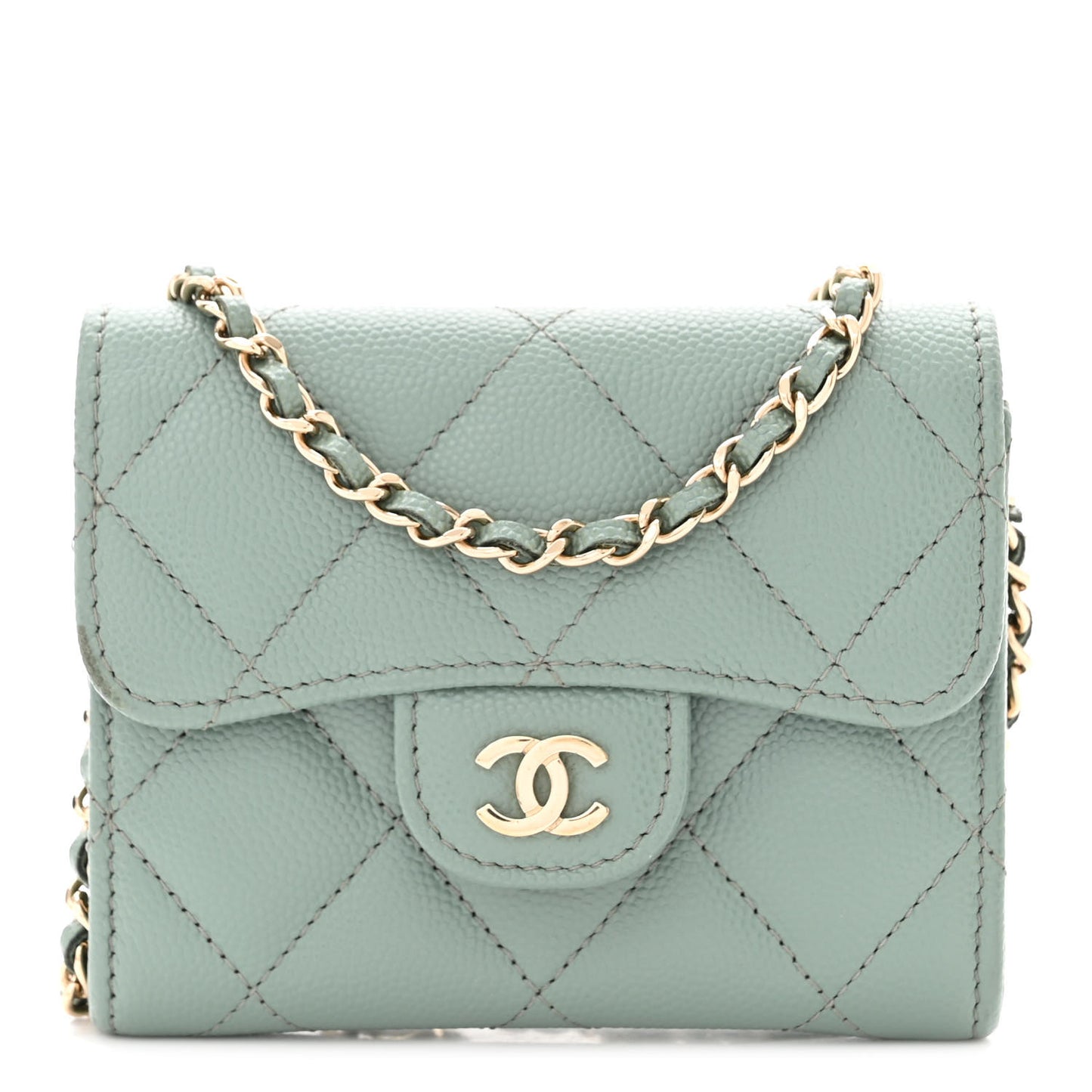 Caviar Quilted Flap Card Holder On Chain Light Green