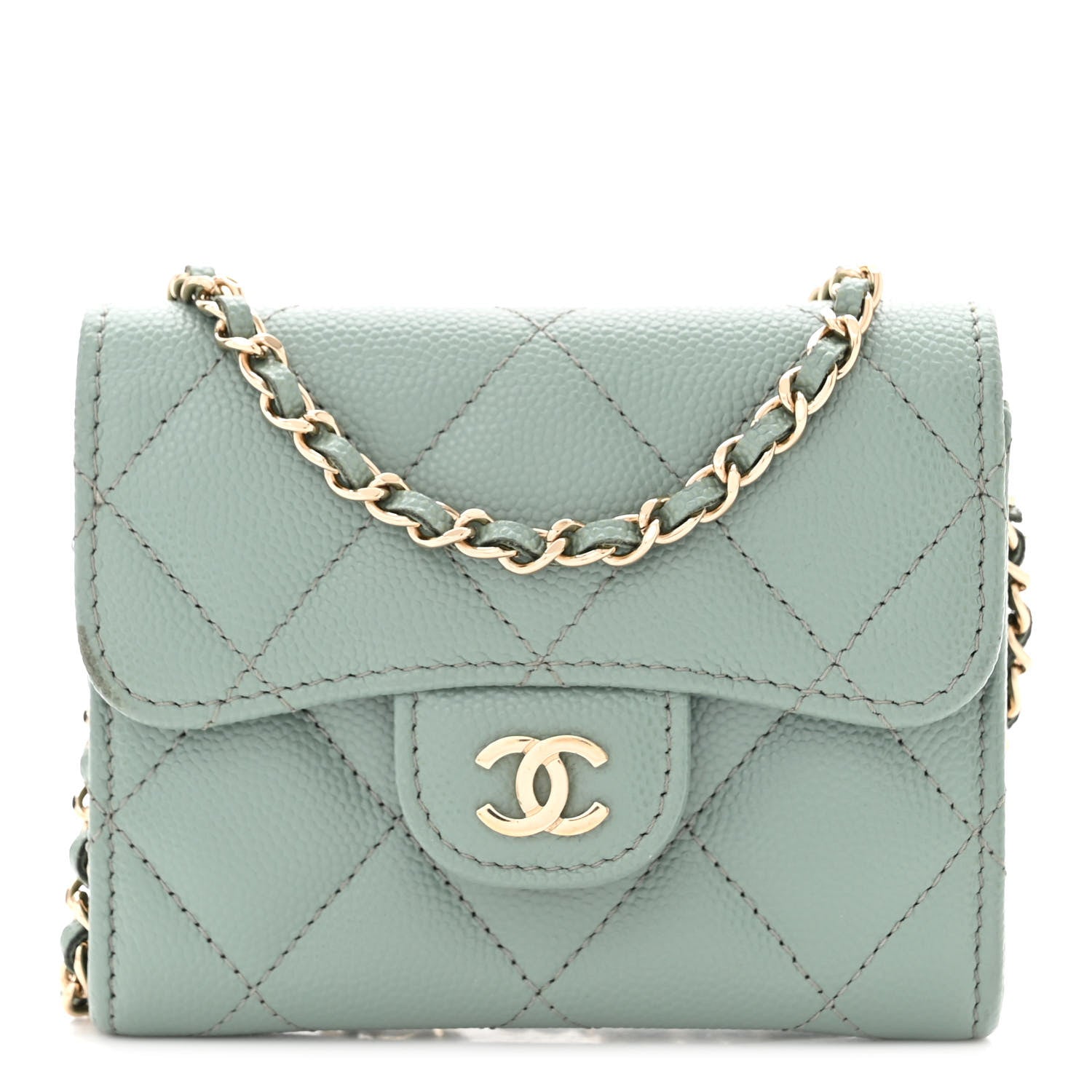 Chanel Caviar Quilted Flap Card Holder On Chain Light Green 1 of 10