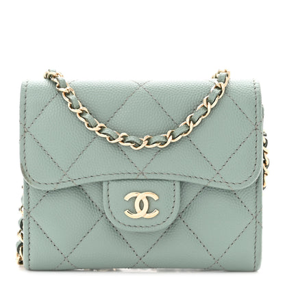 Chanel Caviar Quilted Flap Card Holder On Chain Light Green 1 of 10