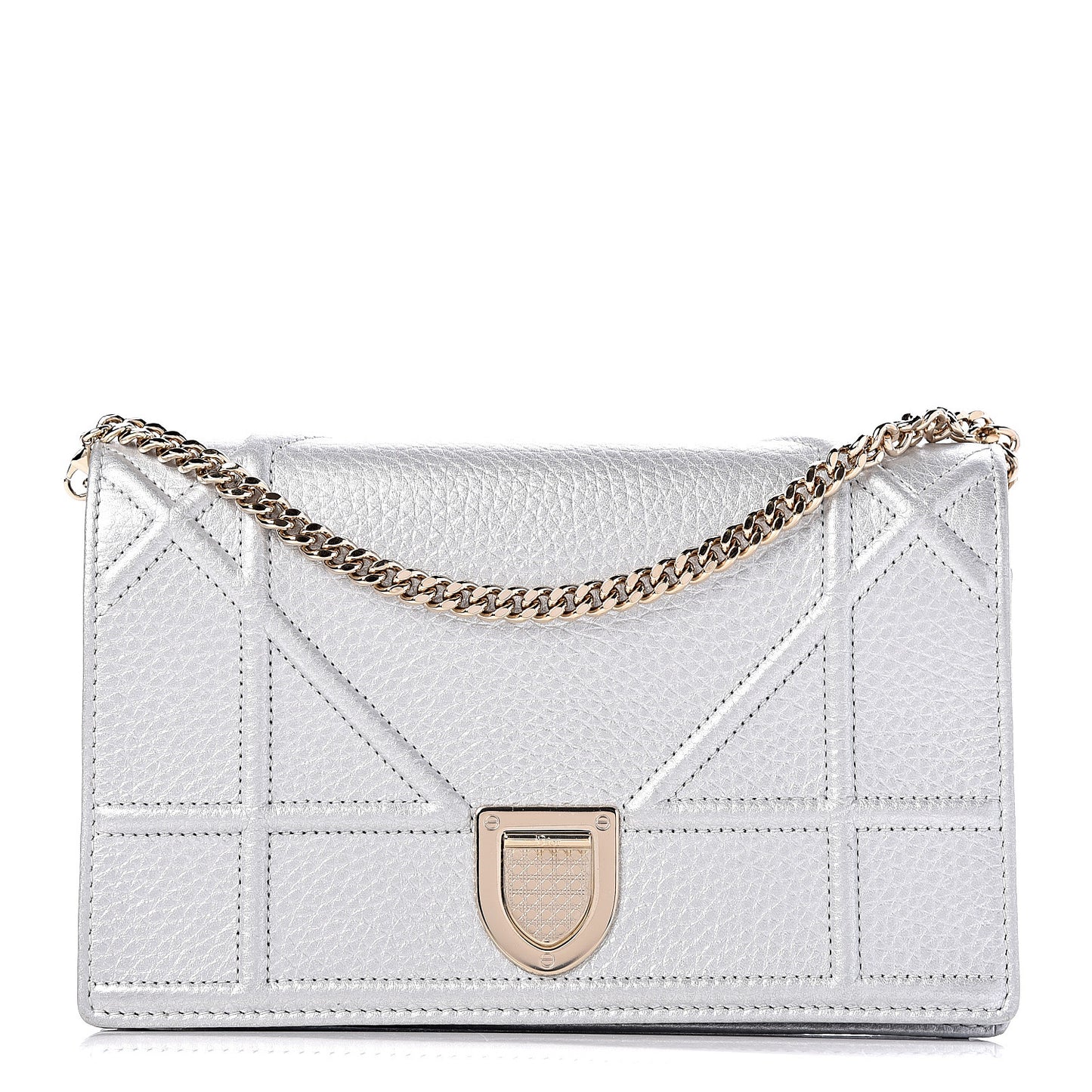 Metallic Grained Calfskin Diorama Wallet on Chain Pouch Silver