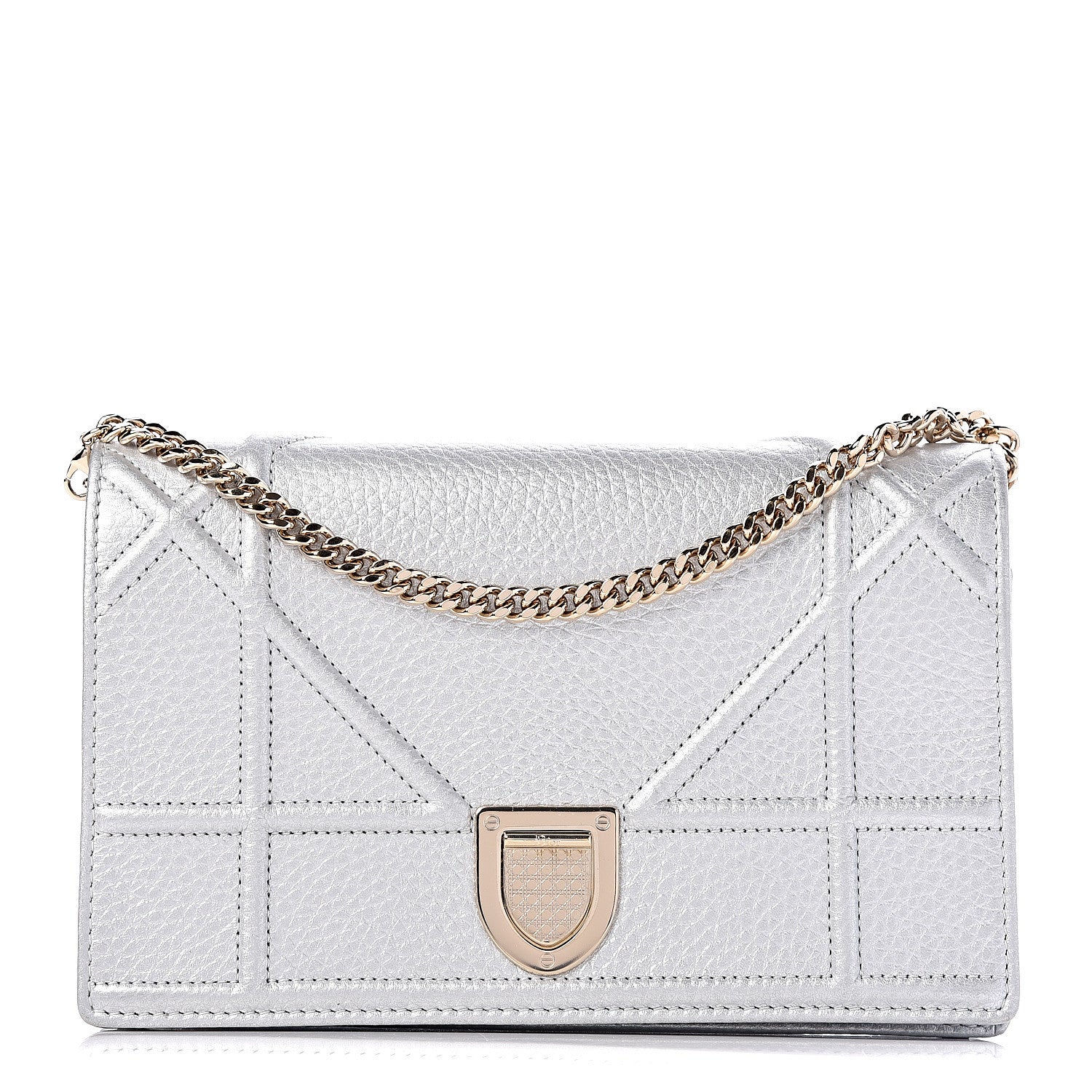 Christian Dior Metallic Grained Calfskin Diorama Wallet on Chain Pouch Silver 1 of 10