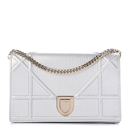 Christian Dior Metallic Grained Calfskin Diorama Wallet on Chain Pouch Silver 1 of 10