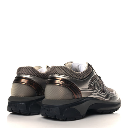 Chanel Fabric Laminated Calfskin Stretch CC Womens Sneakers 37 Khaki Silver Dark Purple 4 of 8