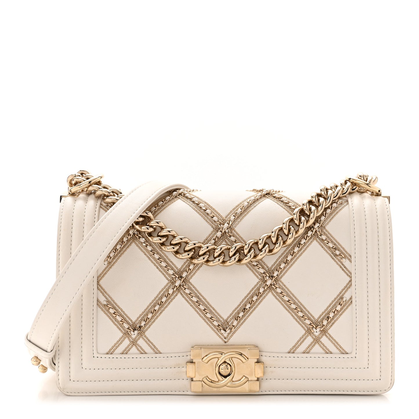Calfskin Quilted Medium Chain Embellished Boy Flap White