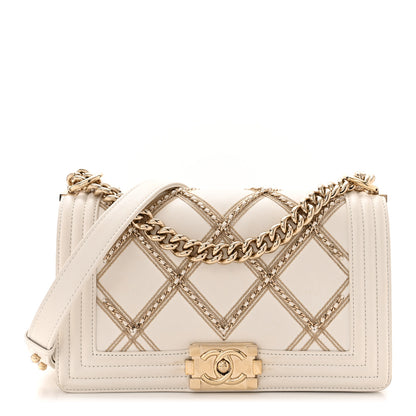 Chanel Calfskin Quilted Medium Chain Embellished Boy Flap White 1 of 14