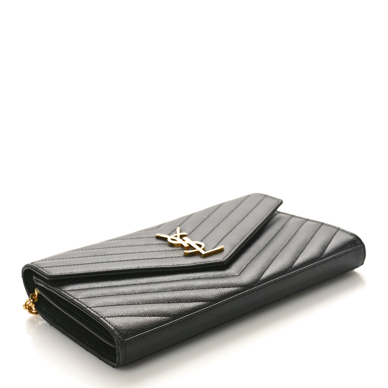 Saint Laurent Grain De Poudre Matelasse Chevron Monogram Chain Wallet Black 4 of 10