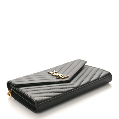 Saint Laurent Grain De Poudre Matelasse Chevron Monogram Chain Wallet Black 4 of 10