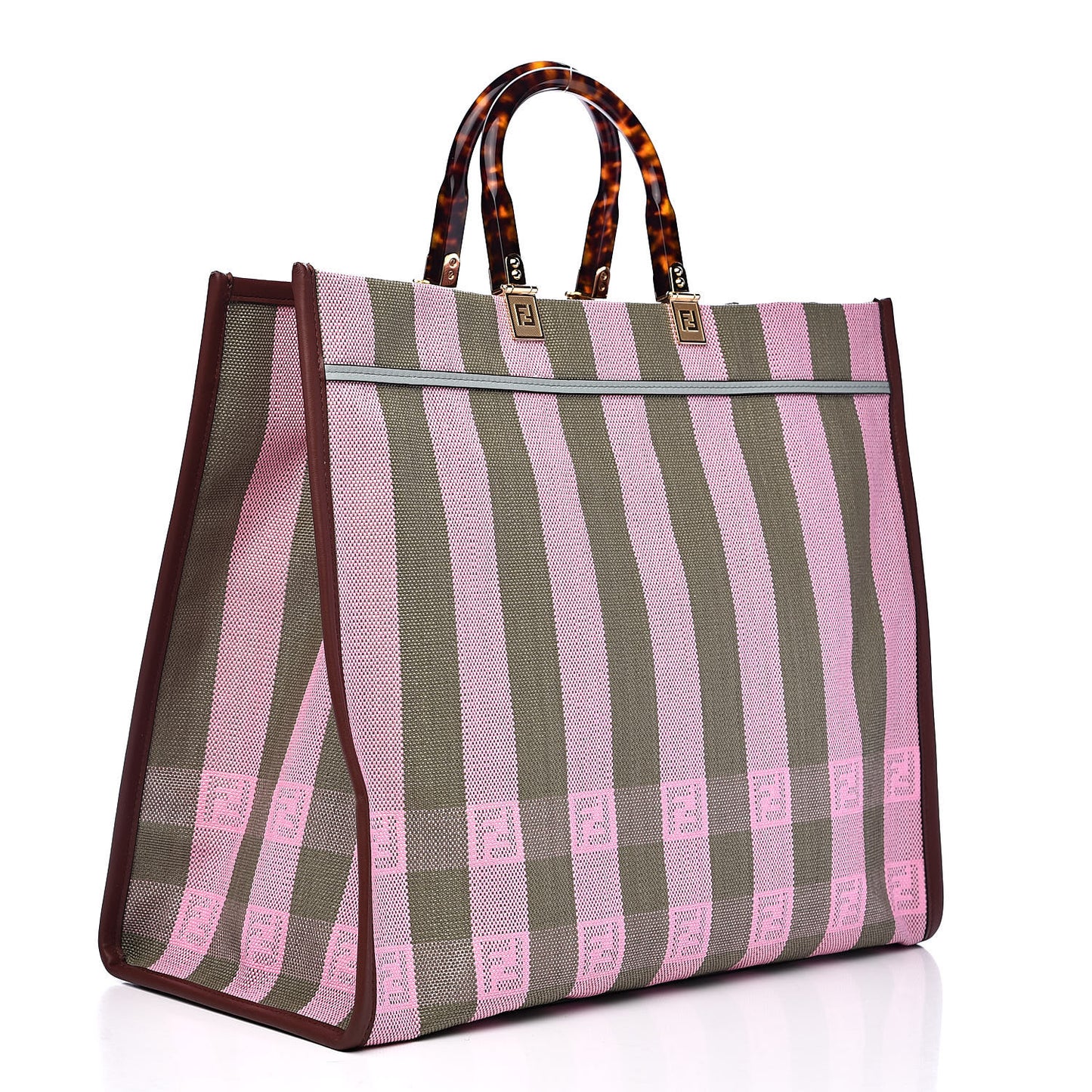 Raffia Vitello Seta Plexiglass Pequin Gingham Woven Large Fendi Sunshine Shopper Tote Military Rosa