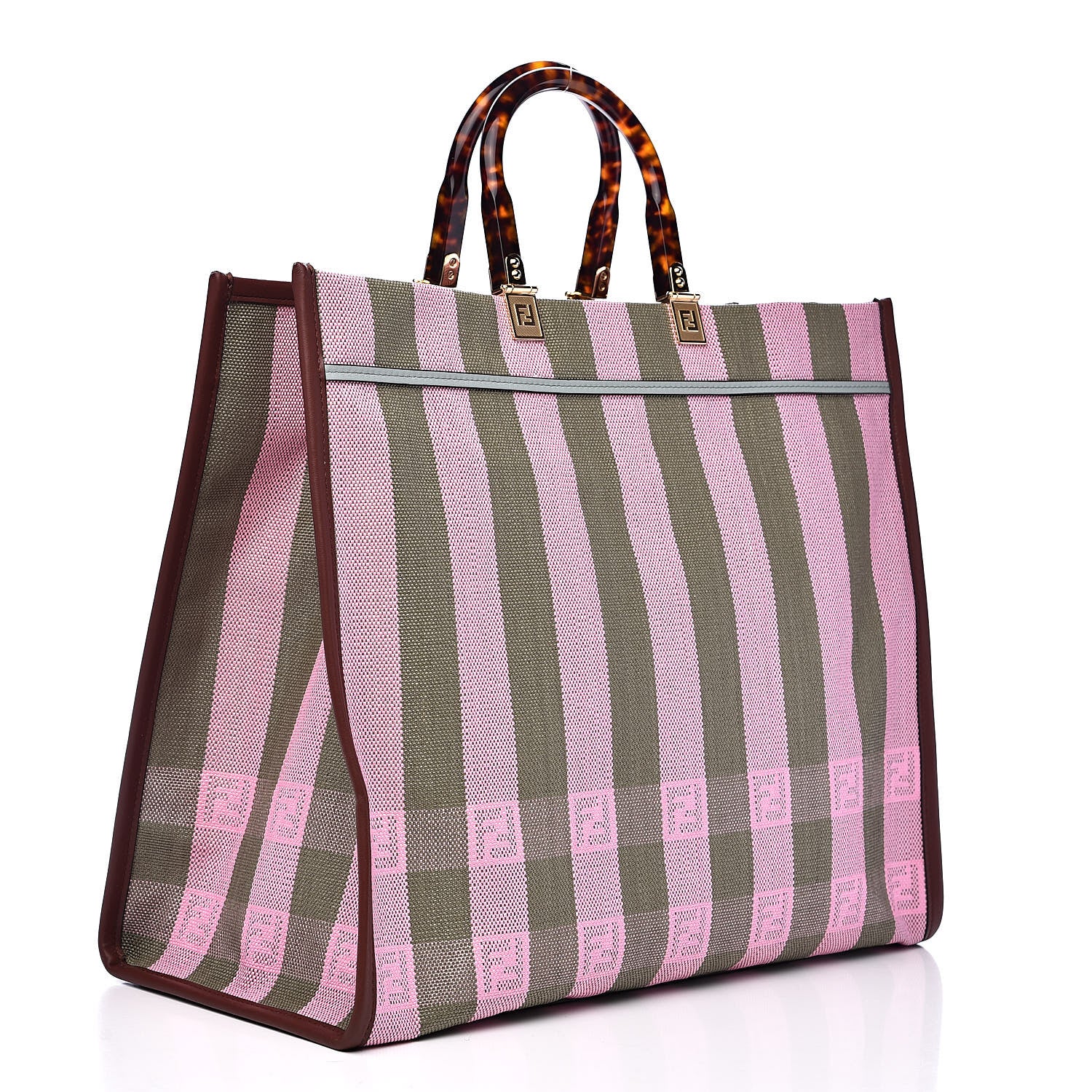 Fendi Raffia Vitello Seta Plexiglass Pequin Gingham Woven Large Fendi Sunshine Shopper Tote Military Rosa 3 of 11