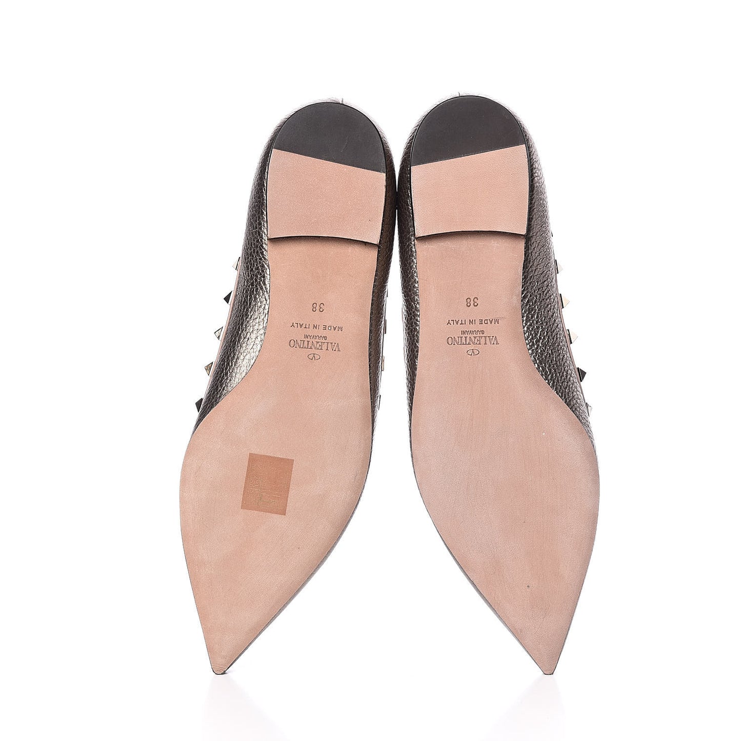 Metallic Pebbled Calfskin Rockstud Ballerina Flats 38 Sasso Poudre