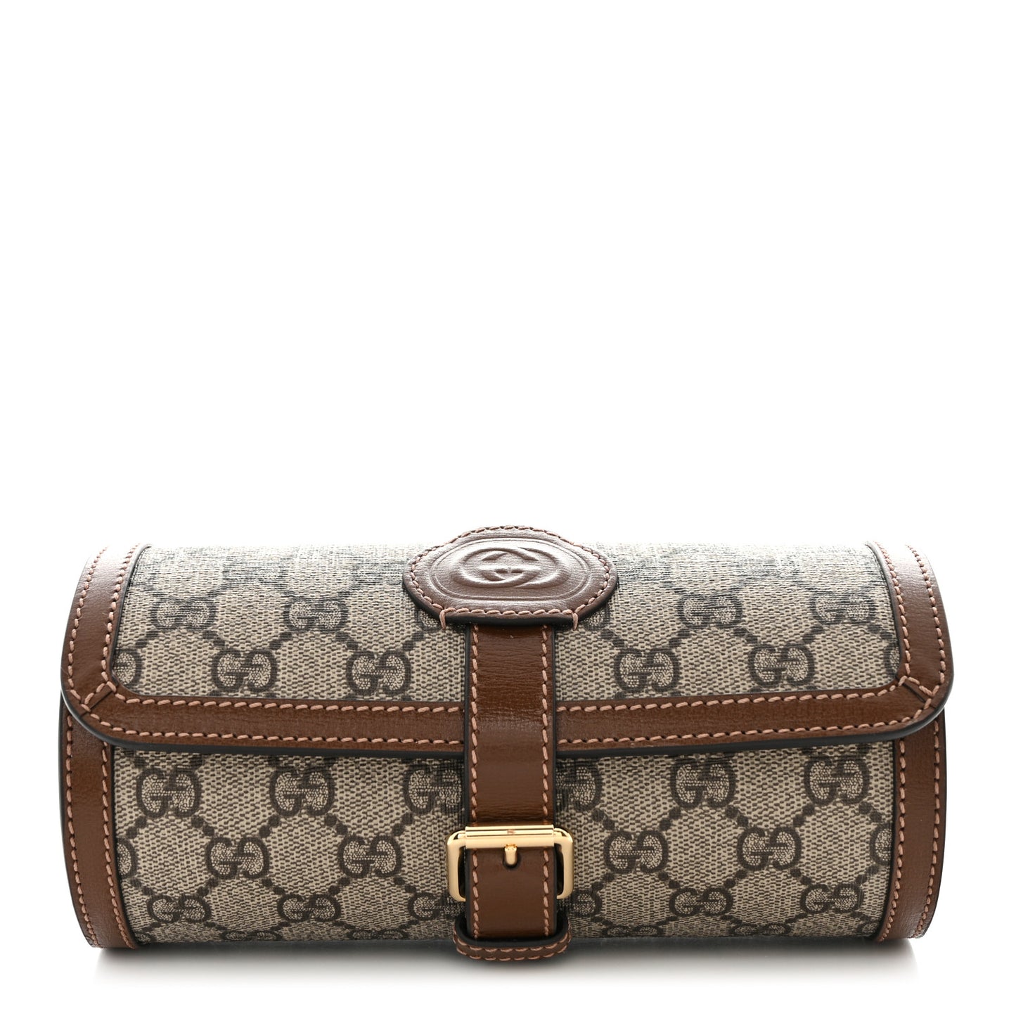 GG Supreme Monogram Calfskin Watch Travel Case Beige Ebony Brown Sugar