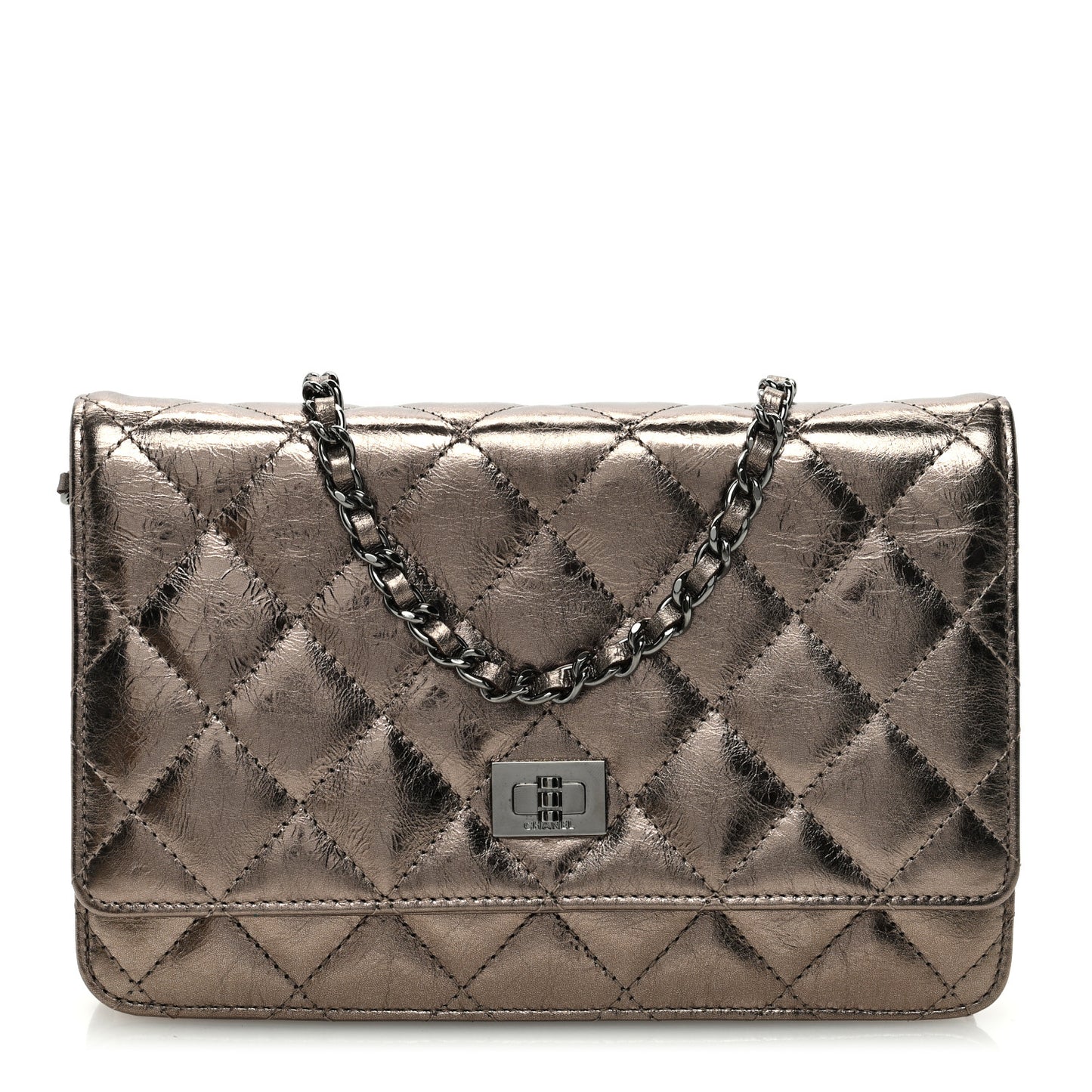 Metallic Aged Calfskin Quilted Reissue Wallet On Chain WOC Gold