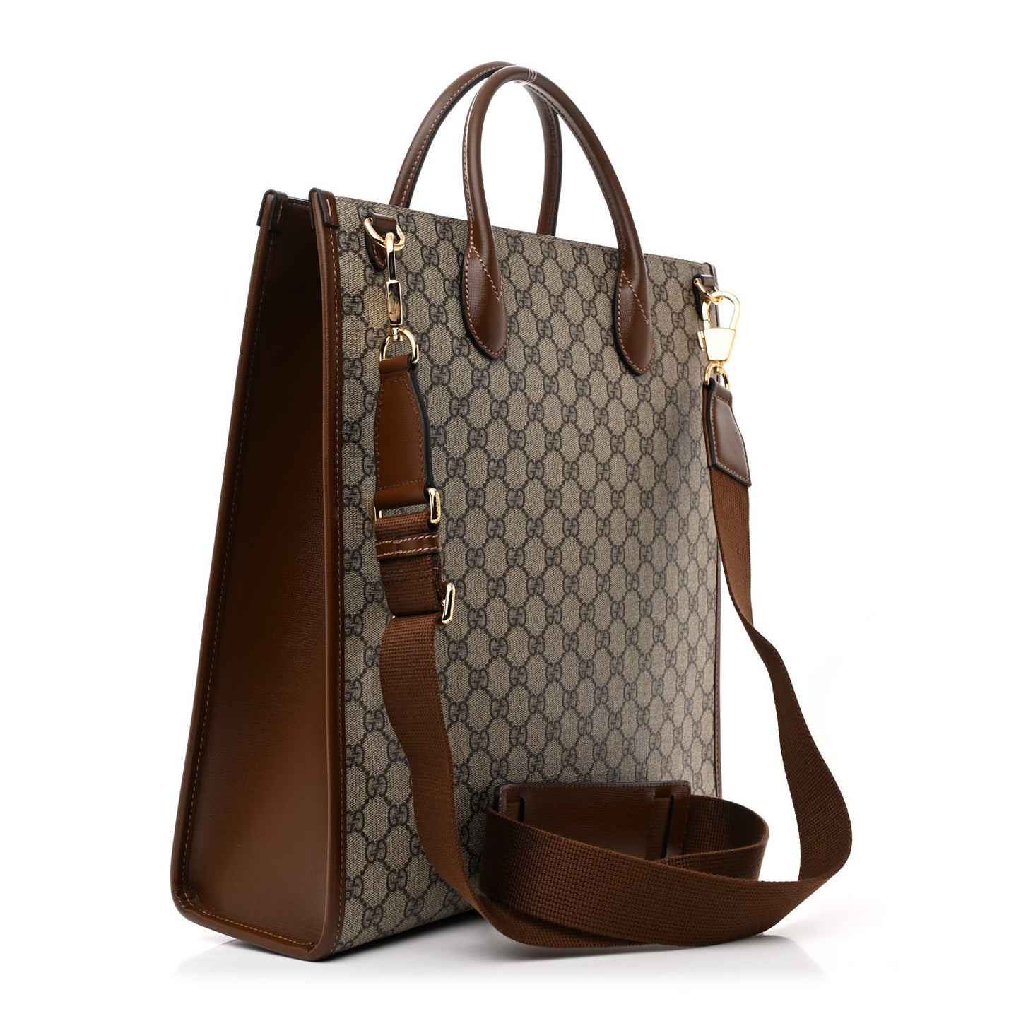 GG Supreme Monogram Textured Dollar Calfskin Web Medium Retro Interlocking G Vertical Tote Bag Beige Ebony Brown Sugar