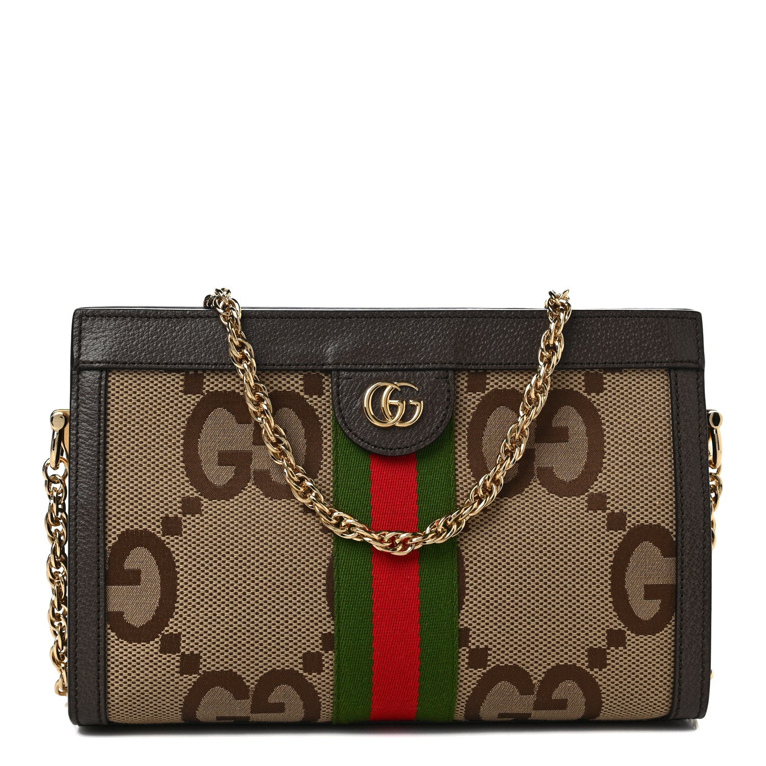 Gucci Monogram Jumbo GG Textured Dollar Calfskin Web Small Ophidia Chain Shoulder Bag Camel Ebony New Acero 1 of 9