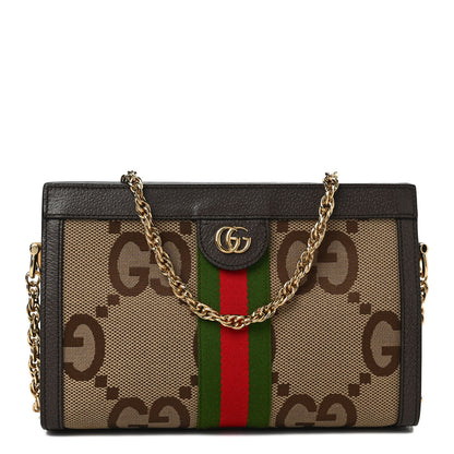 Gucci Monogram Jumbo GG Textured Dollar Calfskin Web Small Ophidia Chain Shoulder Bag Camel Ebony New Acero 1 of 9
