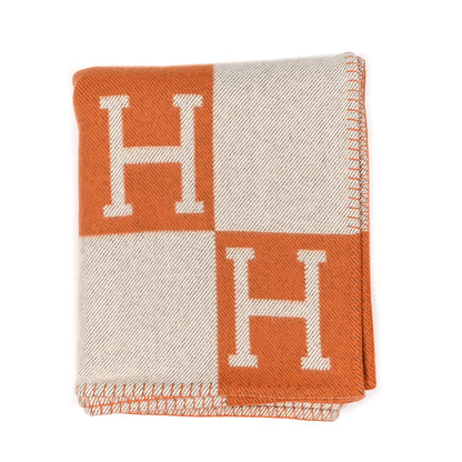 Hermes Wool Cashmere Signature Classic Avalon Blanket Ecru Potiron 1 of 3
