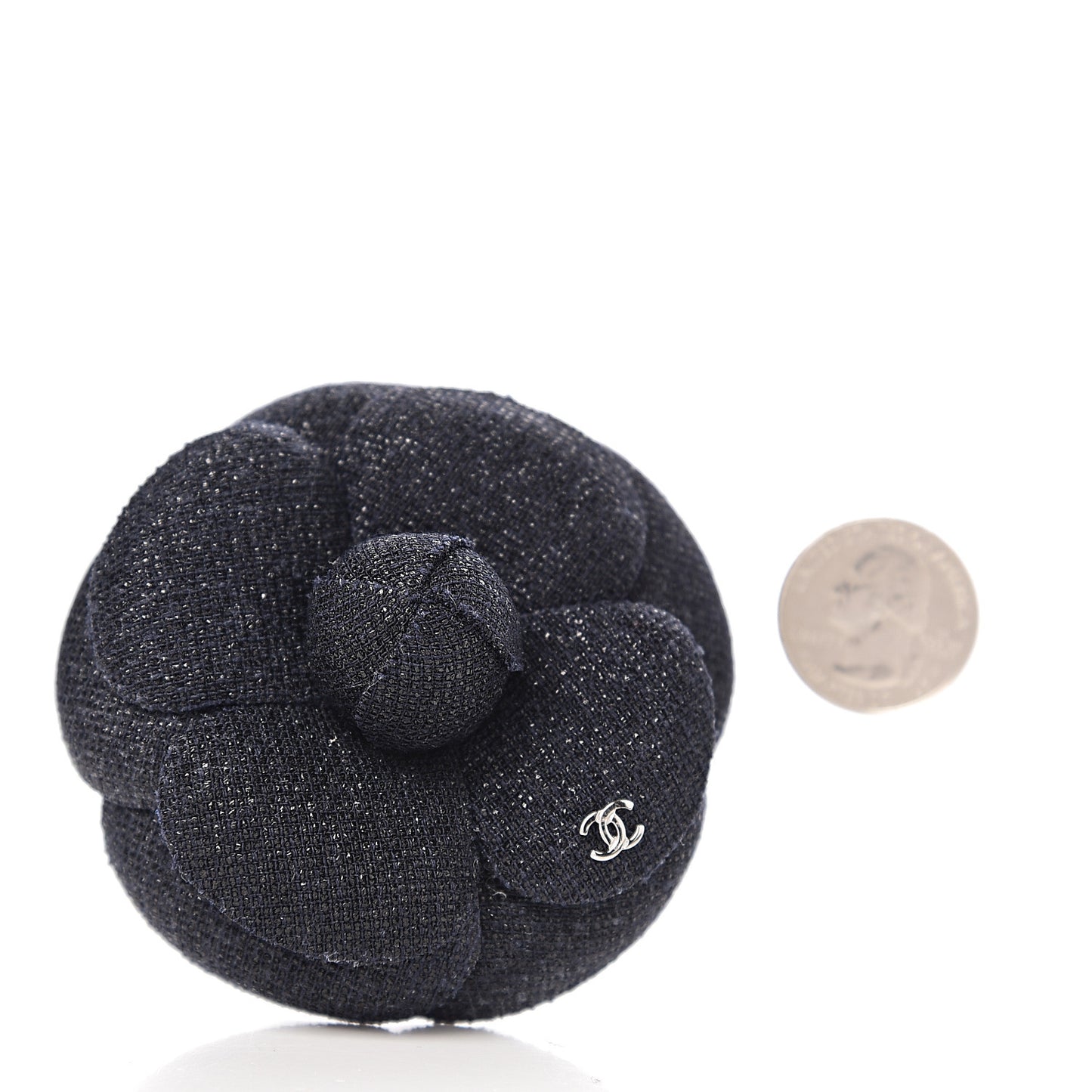 Tweed Camellia Pin Brooch Navy Blue