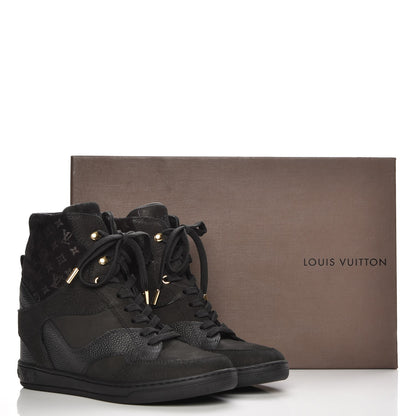 Louis Vuitton Calfskin Suede Monogram Cliff Top Wedge Sneakers 36 Black 8 of 8