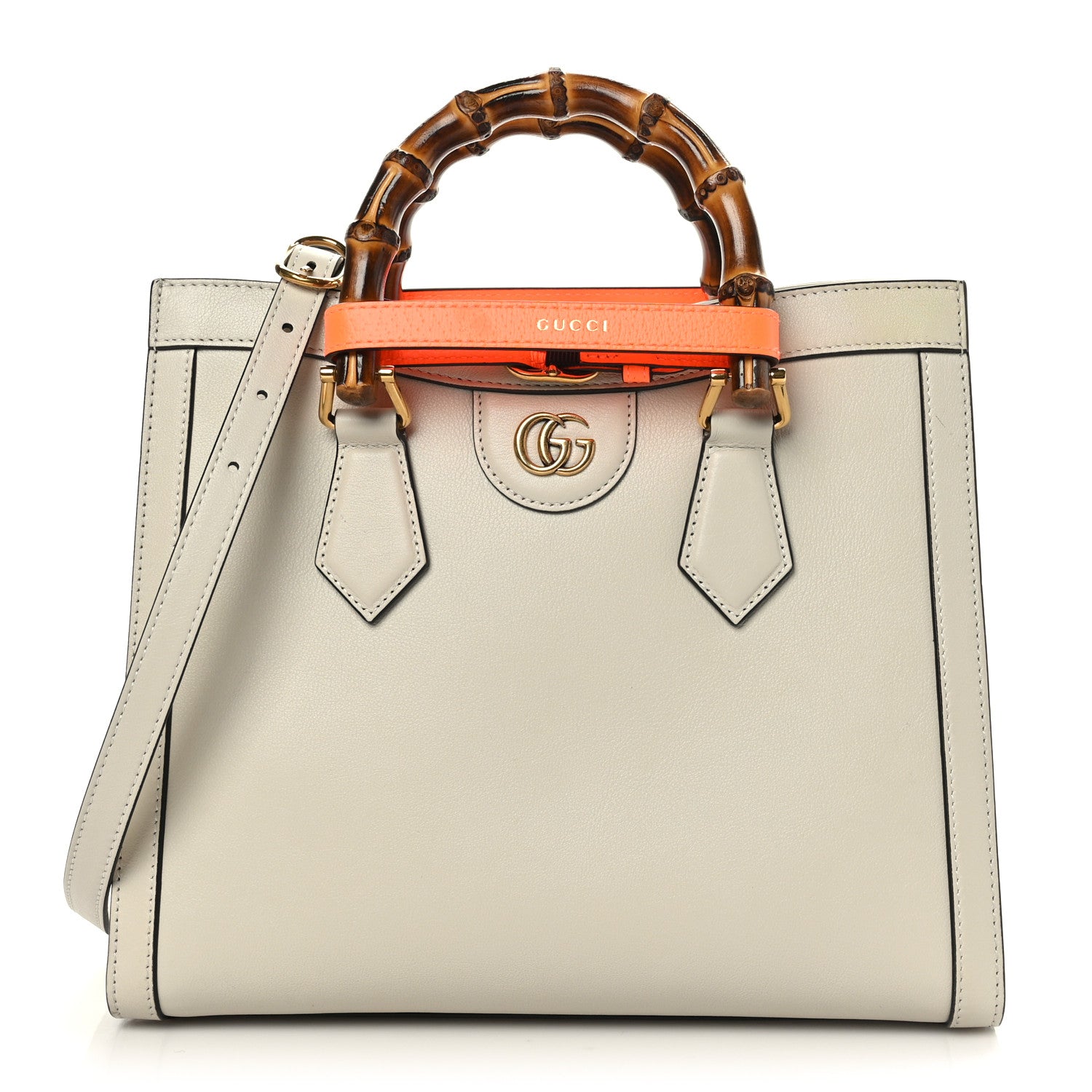 Gucci Wonka Grain Calfskin Small Diana Tote Bag Mystic White Orange Fluo 1 of 13