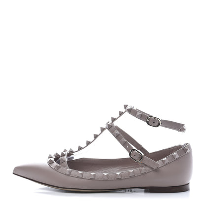 Valentino Garavani Calfskin Lacquered Monochrome Rockstud Cage Ballerina Flats 38.5 Poudre 1 of 8