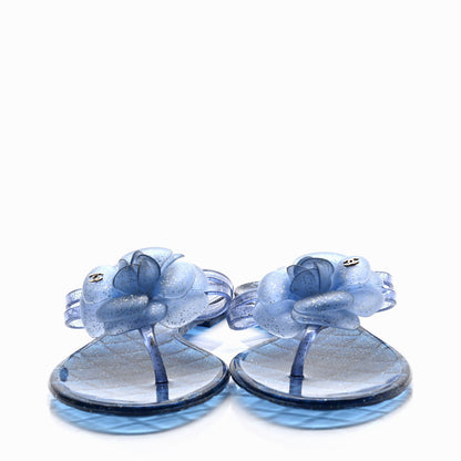 Chanel Jelly Camellia Glitter Thong Sandals 38 Blue 2 of 4