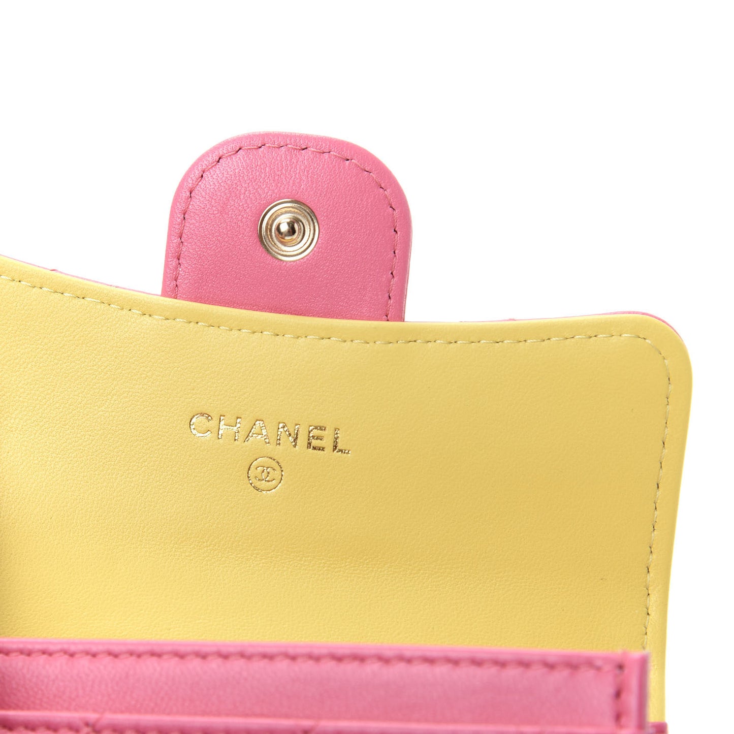 Lambskin Quilted Flap Card Holder Wallet Pink Yellow
