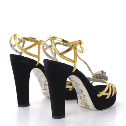 Gucci Velvet Nappa Elias T-Strap Platform High Heel Sandals 37 Black Gold 4 of 9