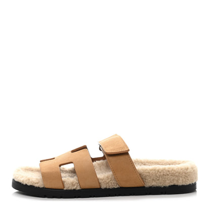 Hermes Suede Goatskin Woolskin Womens Chypre Sandals 38 Golden Beige 1 of 4