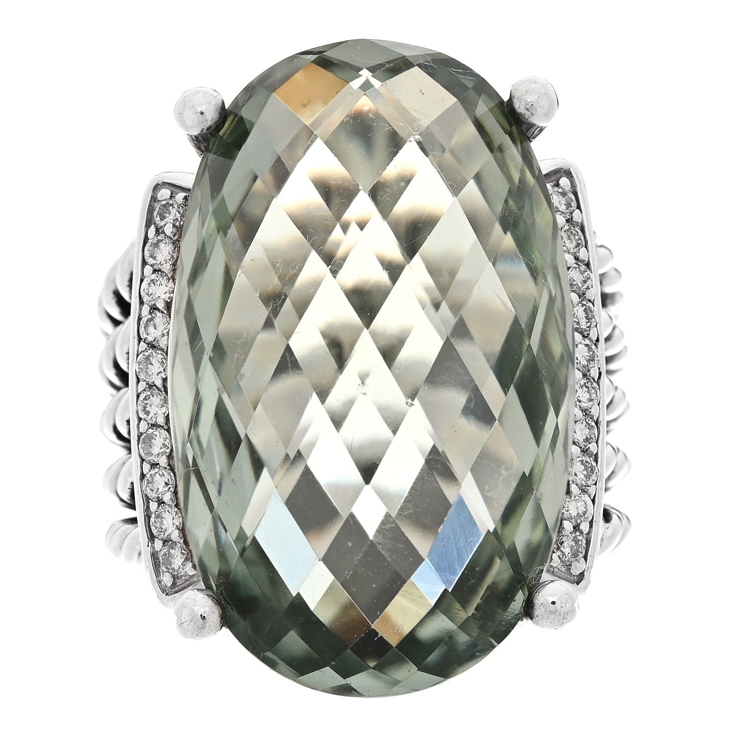 David Yurman Sterling Silver Diamond Prasiolite 26mm Oval Wheaton Ring 51 5.75 1 of 5